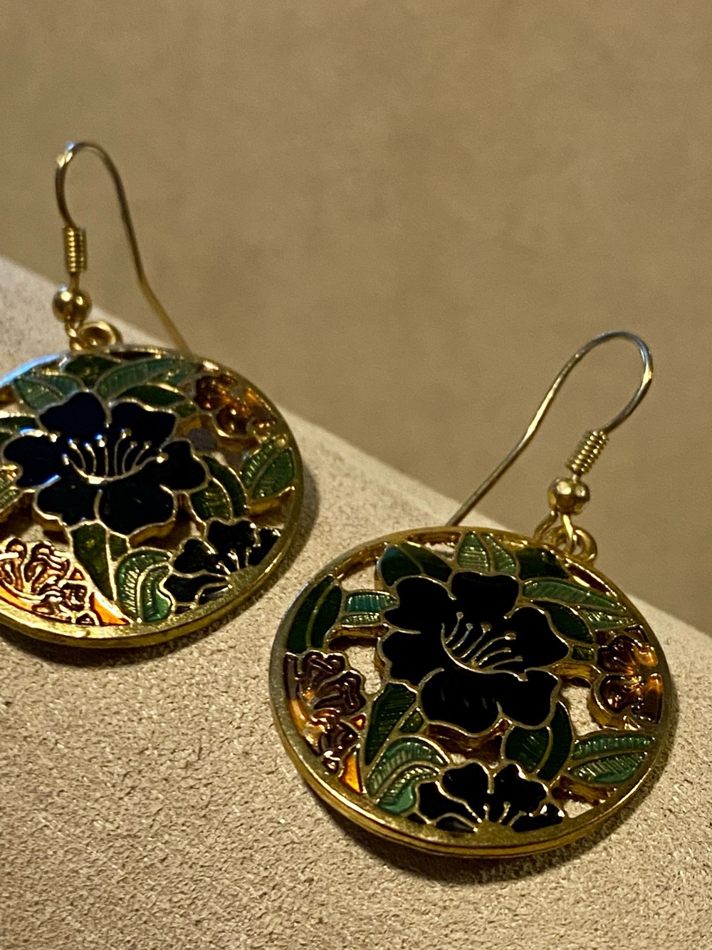 Vintage Gold-Tone Black and Green Floral Cloisonné Earrings